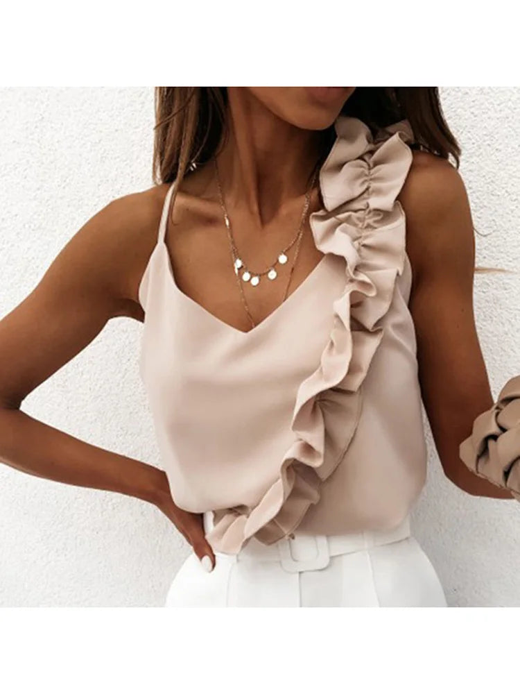 Bluse sexy V-Ausschnitt Rüschen Blusen rücken freie Spaghetti träger